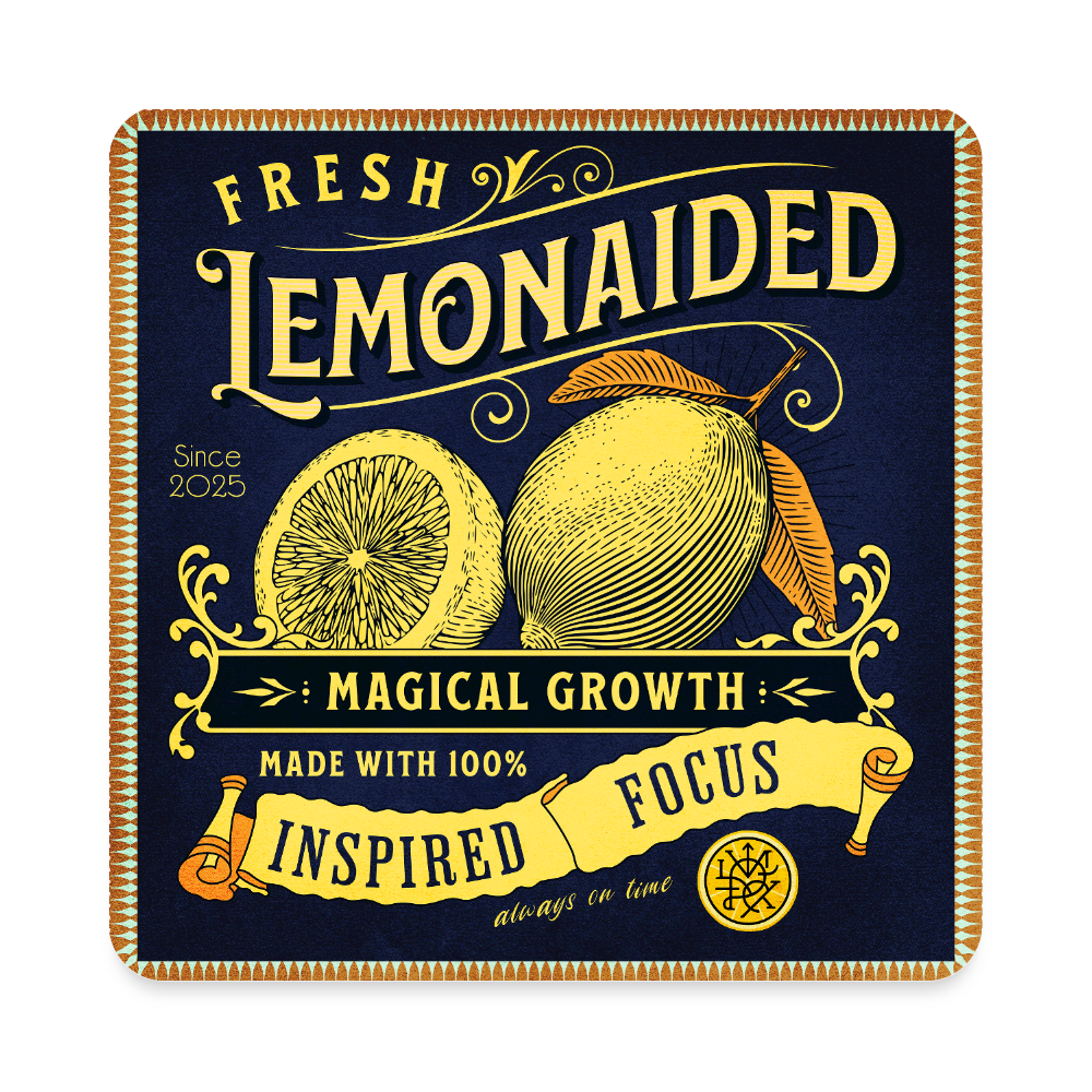“intage-style Lemonaided Magic magnet with lemons, floral borders, scroll ribbon, and personalized sigil in lower-right lemon slice.