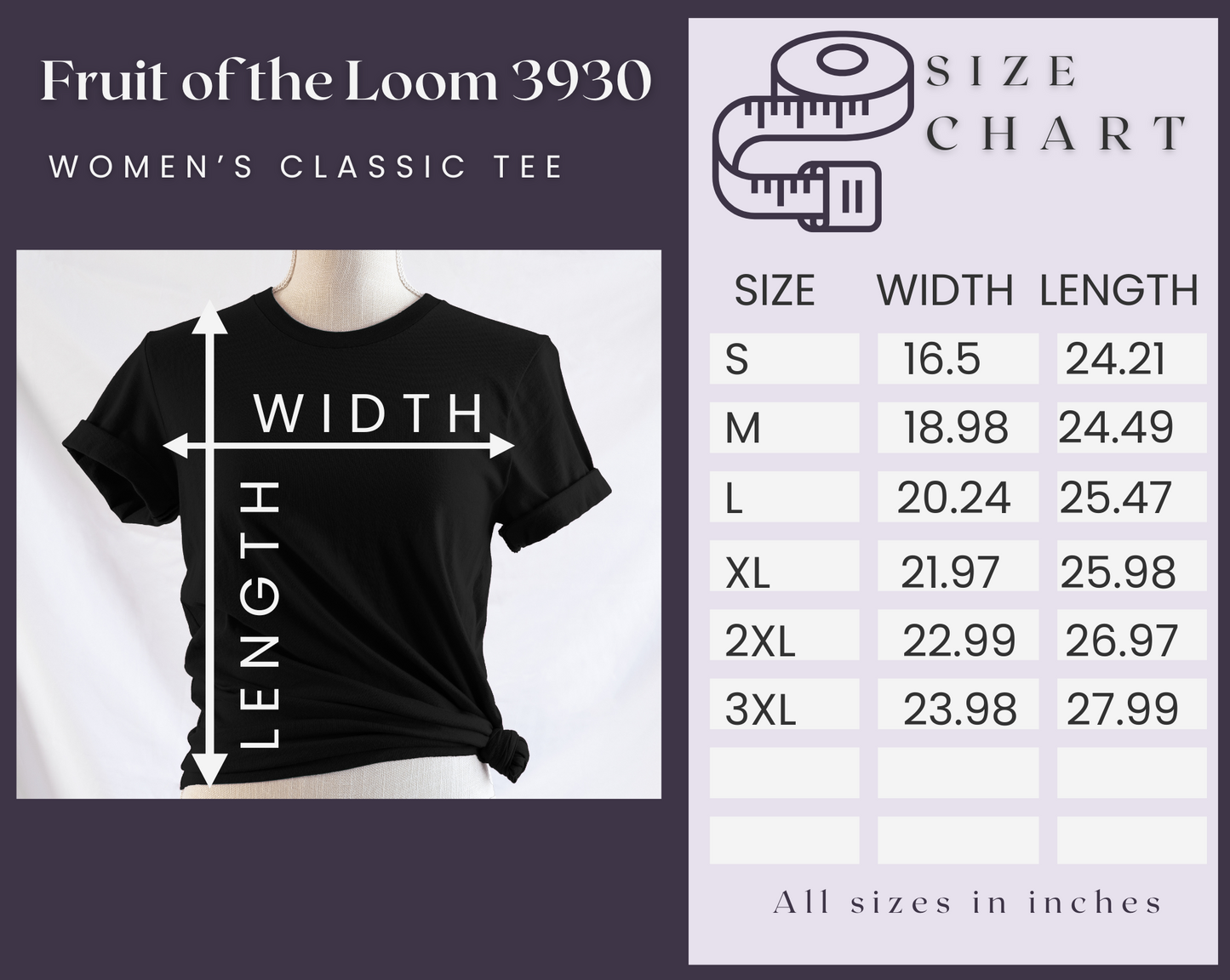 Size chart for Fruit of the Loom Women's Classic Tee, including measurements for chest width and length in inches to help customers choose the best fit Spreadconnect 3930