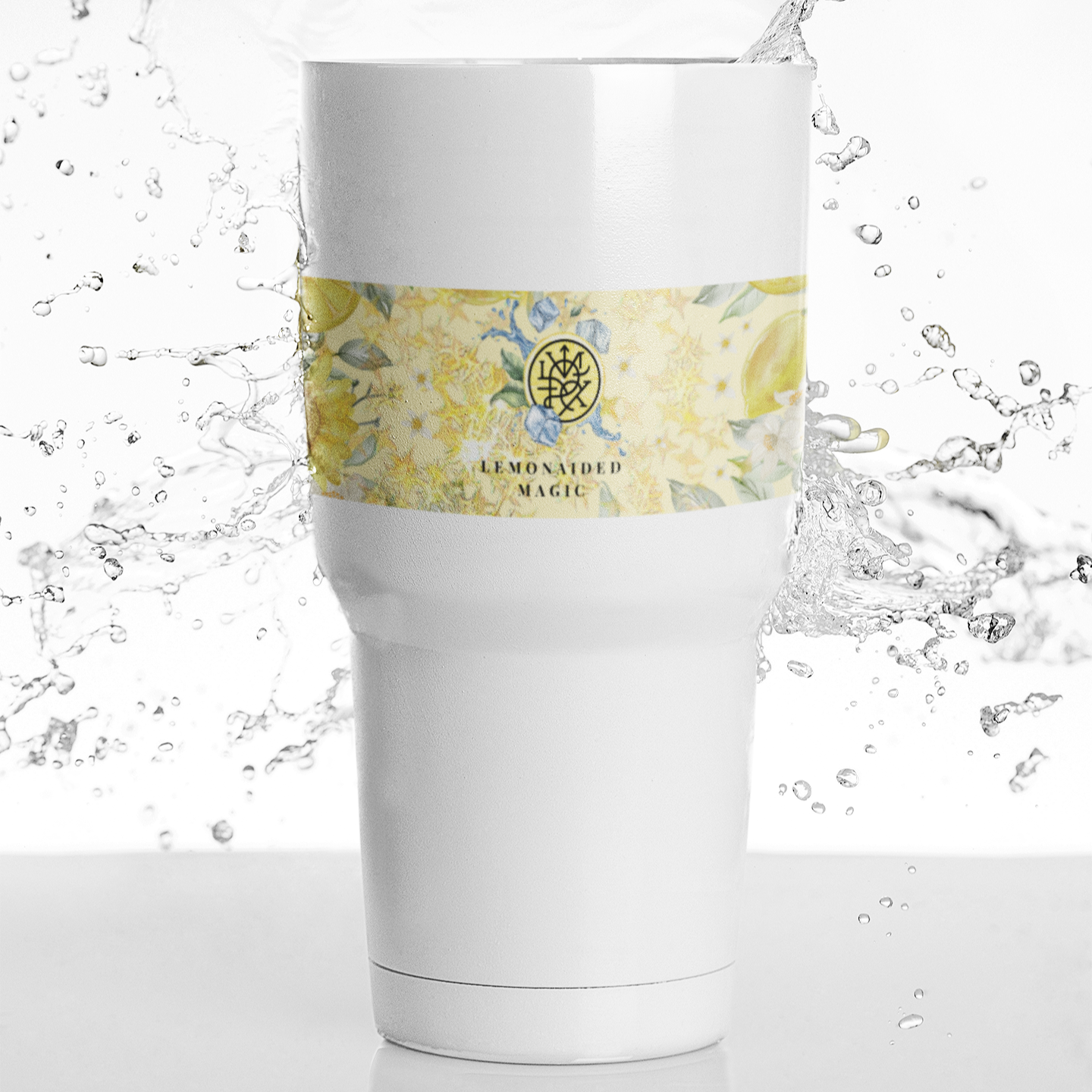 Flat lay tumbler mockup with Lemonaided Magic personalized sigil artwork — magical growth inspired design