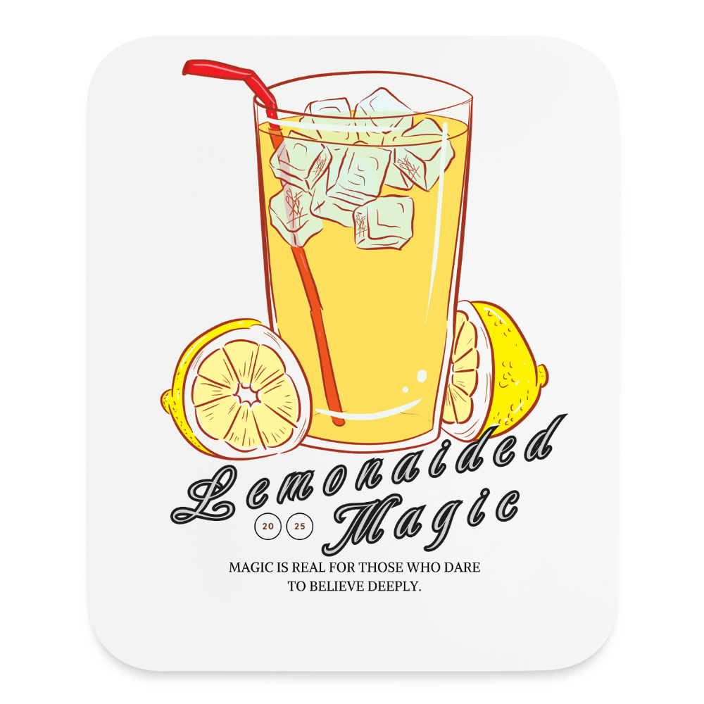 mousepad product with Lemonaided Magic text underneath a tall glass of lemonade with a straw and ice cubes there are small personalized sigils on the ice cubes