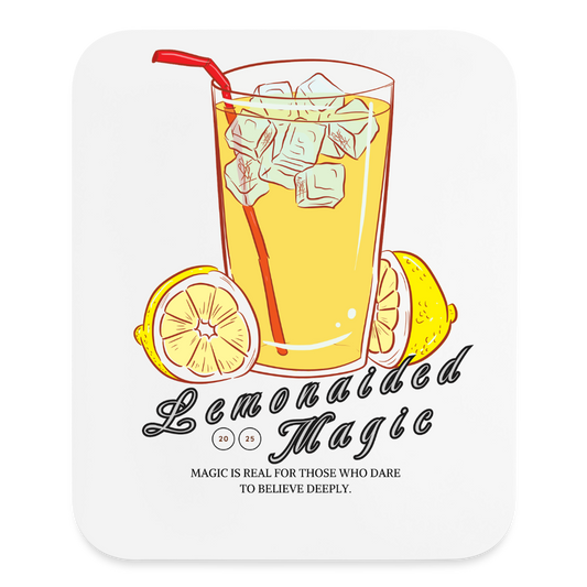 mousepad product with Lemonaided Magic text underneath a tall glass of lemonade with a straw and ice cubes there are small personalized sigils on the ice cubes