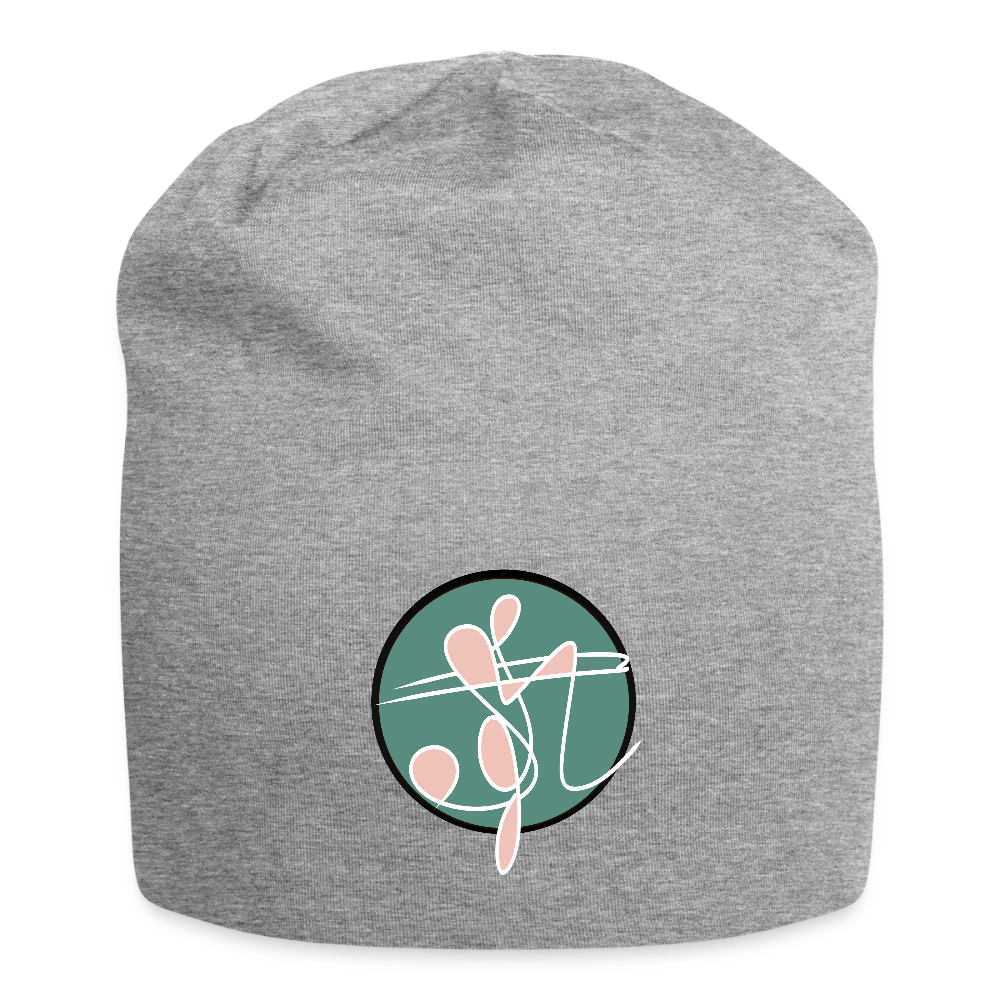 Gray jersey beanie featuring a soulmate sigil with a white outline, pink interior, and green circular background, designed as a visual reminder for intention and alignment.