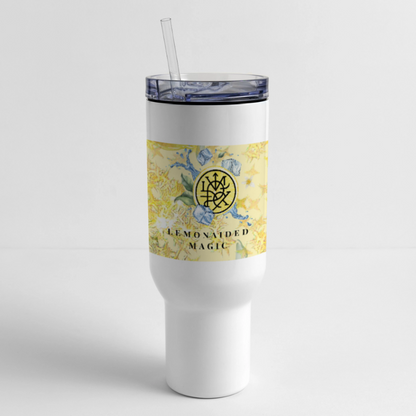 Lemonaided Magic 40 oz Tumbler with citrus sigil design, shown with clear lid, straw, and handle – customizable with personalized sigil.

