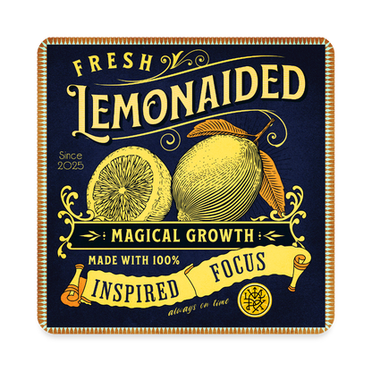 “intage-style Lemonaided Magic magnet with lemons, floral borders, scroll ribbon, and personalized sigil in lower-right lemon slice.