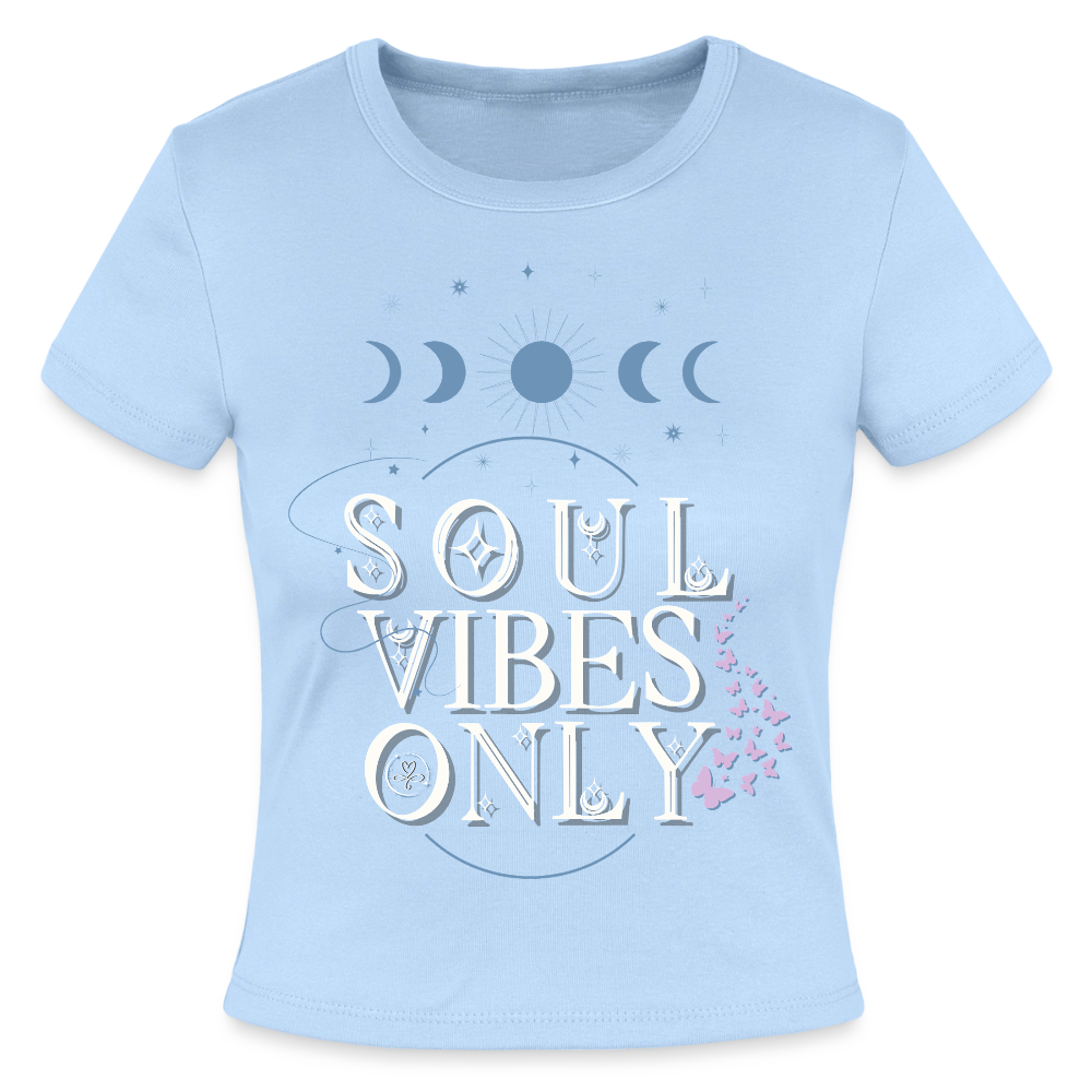 Soulmate sigil design with affirmation aligned love arrives with ease on women’s micro rib t-shirt light blue