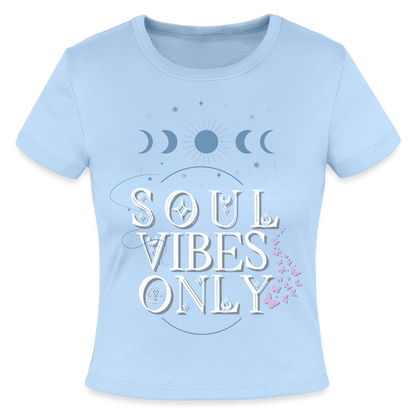 Soulmate sigil design with affirmation aligned love arrives with ease on women’s micro rib t-shirt light blue