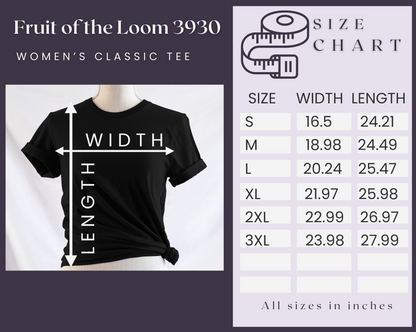 Size chart for Fruit of the Loom Women's Classic Tee, including measurements for chest width and length in inches to help customers choose the best fit Spreadconnect 3930