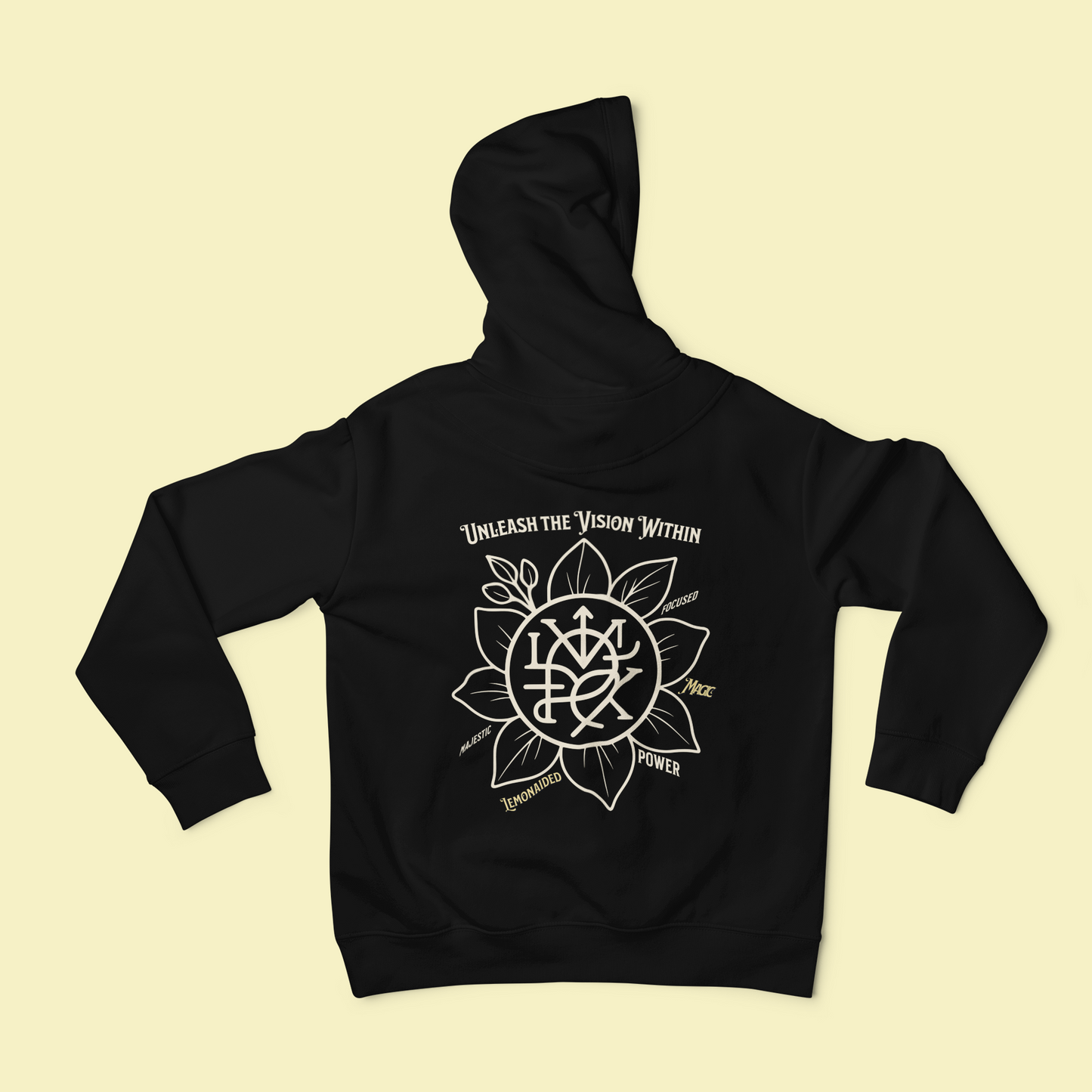 Flat lay of Lemonaided Magic hoodie featuring custom sigil design inspired by affirmations