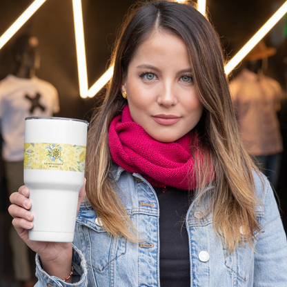 Lifestyle scene showing Lemonaided Magic tumbler with personalized sigil design — custom affirmation art by Mercury Loves Osiris