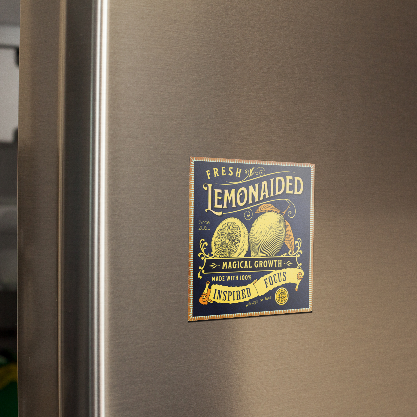 Lifestyle photo of Lemonaided Magic vintage-style magnet featuring personalized sigil design by Mercury Loves Osiris