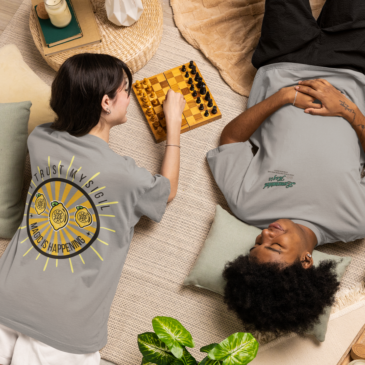 Models wearing Lemonaided Magic personalized sigil T-shirt — custom affirmation design by Mercury Loves Osiris