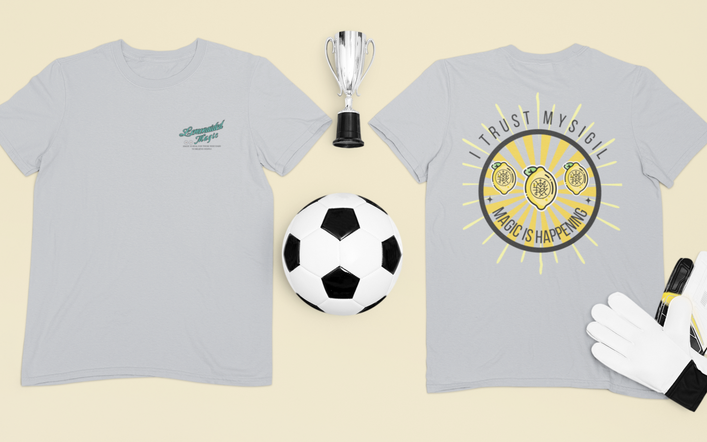 Flat lay of Lemonaided Magic custom sigil T-shirt — personalized affirmation shirt on lemon background