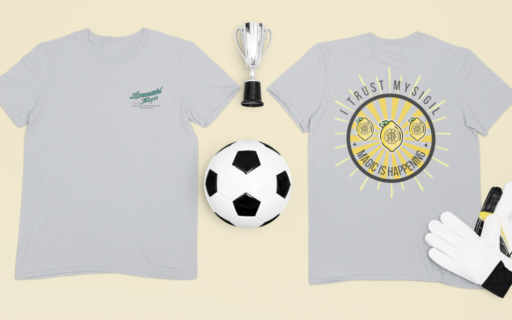 Flat lay of Lemonaided Magic custom sigil T-shirt — personalized affirmation shirt on lemon background