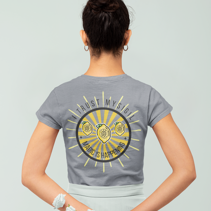 Model wearing Lemonaided Magic personalized sigil T-shirt — custom affirmation design by Mercury Loves Osiris I trust my Sigil
